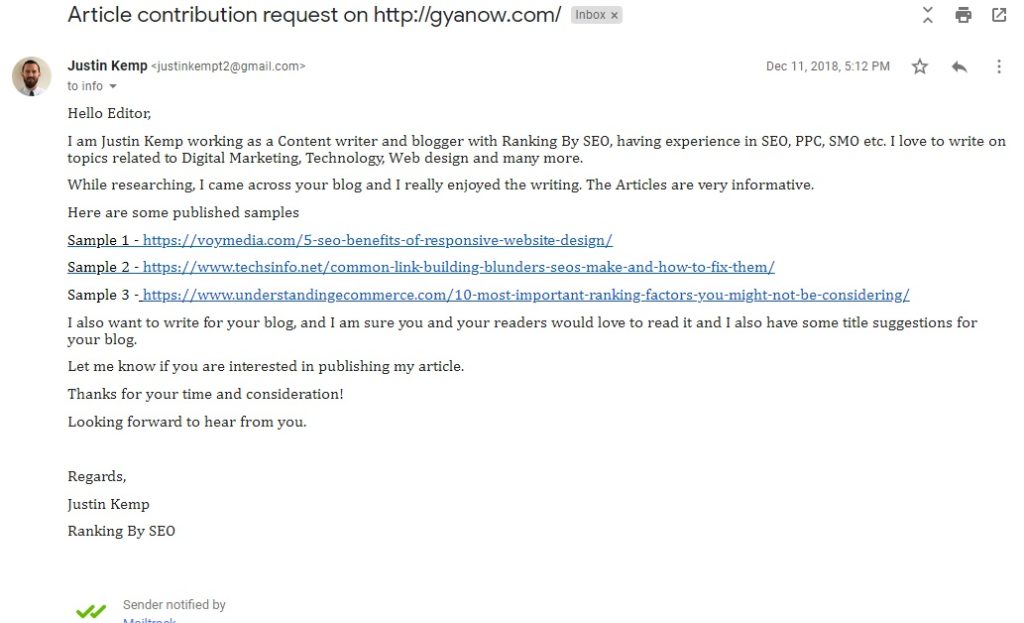 Article contribution request by a freelance blogger