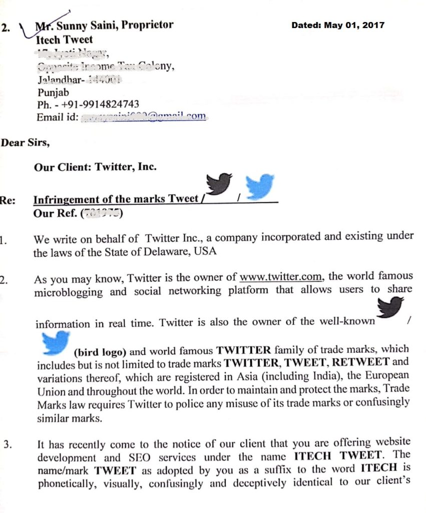 A lawsuit with Twitter Inc USA for my Blog