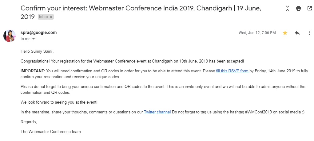 Google Webmaster Conference Invitation Confirmation 2019