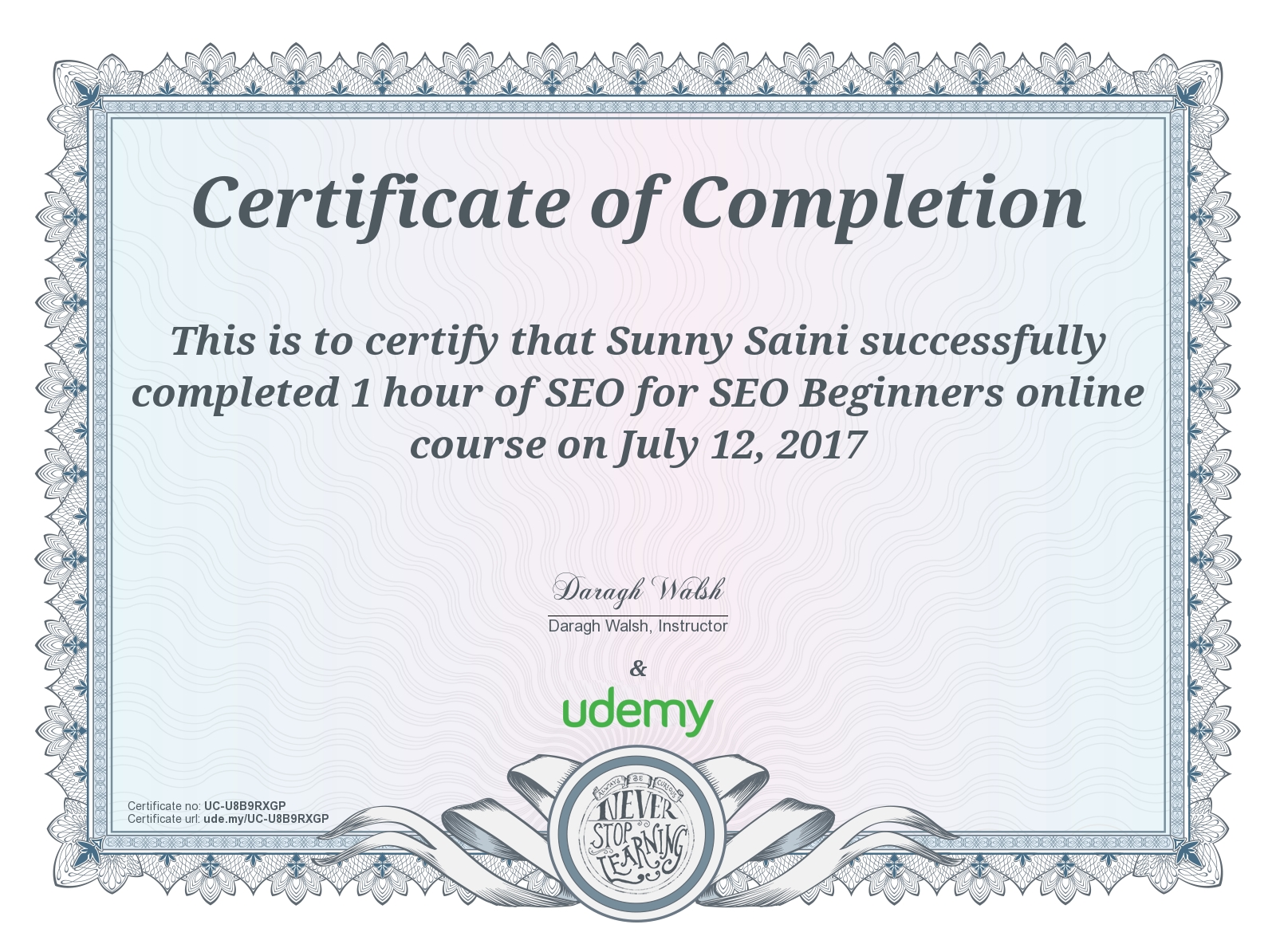 SEO Certificate by Udemy